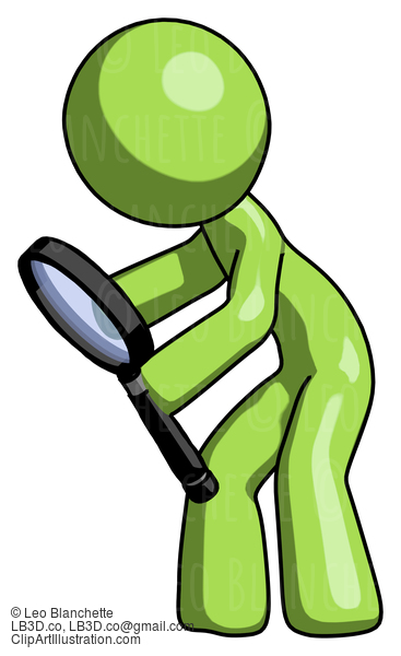 Green Design Mascot Man Inspecting With Large Magnifying Glass Left #10084