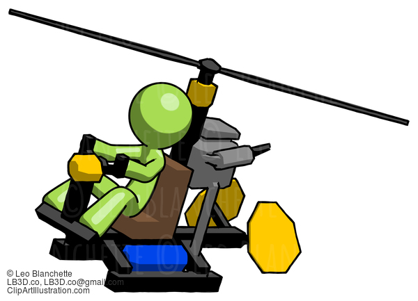 Green Design Mascot Man Flying In Gyrocopter Front Side Angle Top View #10087