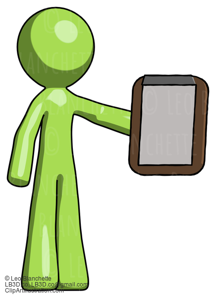 Green Design Mascot Man Showing Clipboard To Viewer #10089