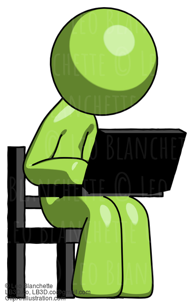 Green Design Mascot Man Using Laptop Computer While Sitting In Chair Angled Right #10091