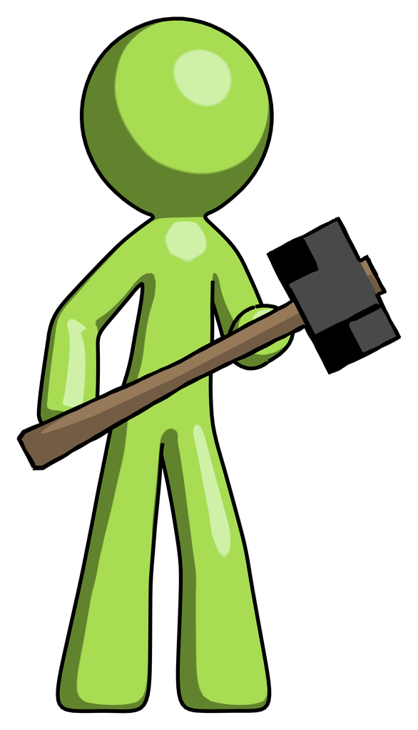 Green Design Mascot Man with sledgehammer standing ready to work or defend