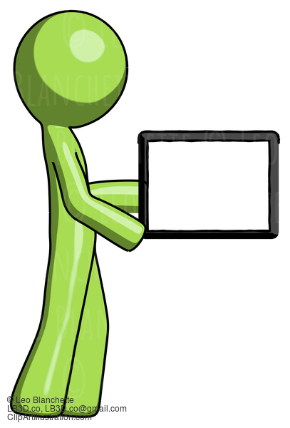 Green Design Mascot Man Show Tablet Device Computer To Viewer, Blank Area #10105