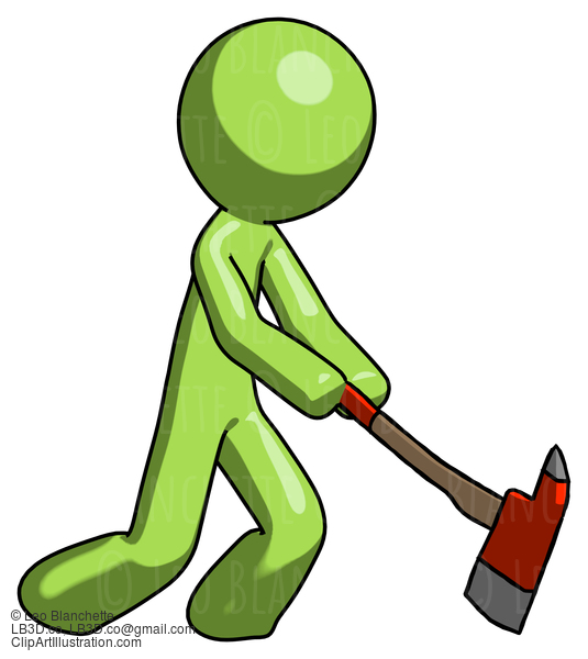 Green Design Mascot Man Striking With A Red Firefighter’S Ax #10106