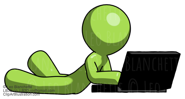 Green Design Mascot Man Using Laptop Computer While Lying On Floor Side Angled View #10111