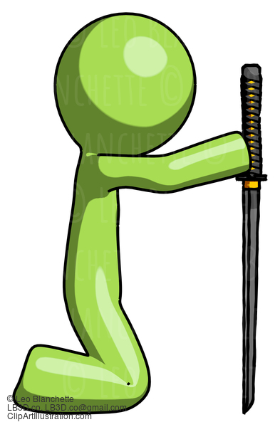 Green Design Mascot Man Kneeling With Ninja Sword Katana Showing Respect #10113