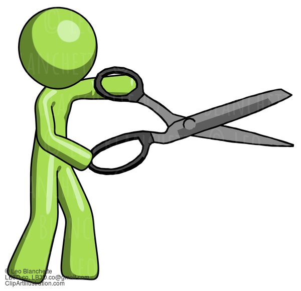 Green Design Mascot Man Holding Giant Scissors Cutting Out Something #10116