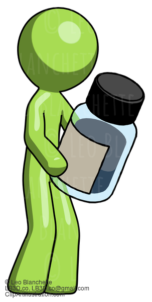 Green Design Mascot Man Holding Glass Medicine Bottle #10118