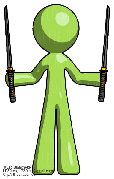 Green Design Mascot Man Posing With Two Ninja Sword Katanas Up #10119