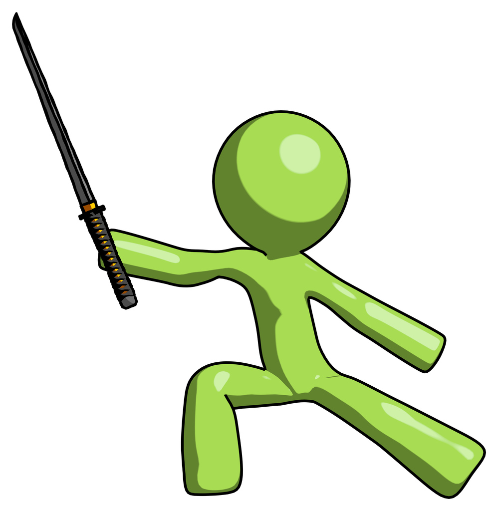 Green Design Mascot Man with ninja sword katana in defense pose