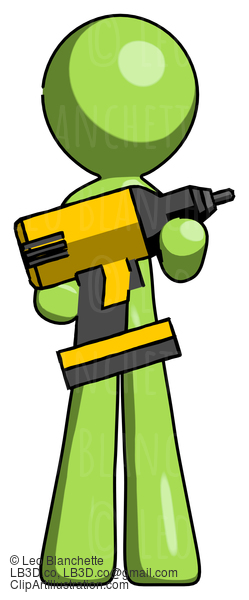 Green Design Mascot Man Holding Large Drill #10125