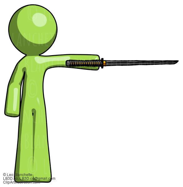 Green Design Mascot Man Standing With Ninja Sword Katana Pointing Right #9822