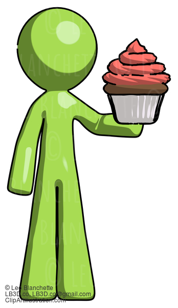 Green Design Mascot Man Presenting Pink Cupcake To Viewer #9826