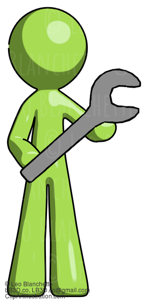 Green Design Mascot Man Holding Large Wrench With Both Hands #9836