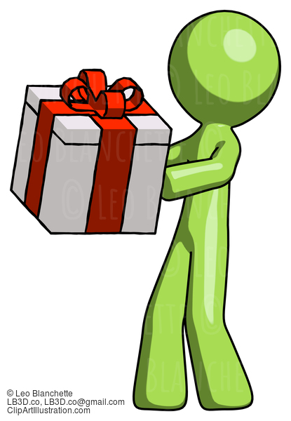 Green Design Mascot Man Presenting A Present With Large Red Bow On It #9837