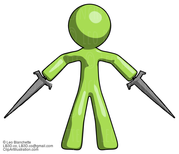 Green Design Mascot Man Two Sword Defense Pose #9840