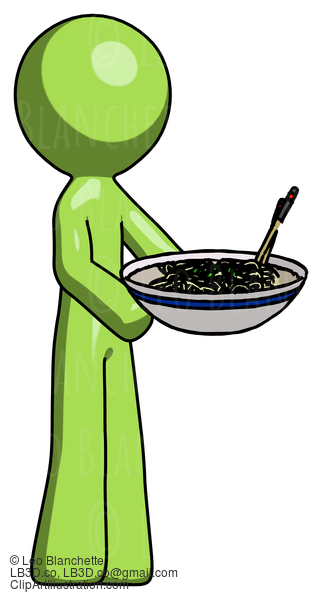 Green Design Mascot Man Holding Noodles Offering To Viewer #9841