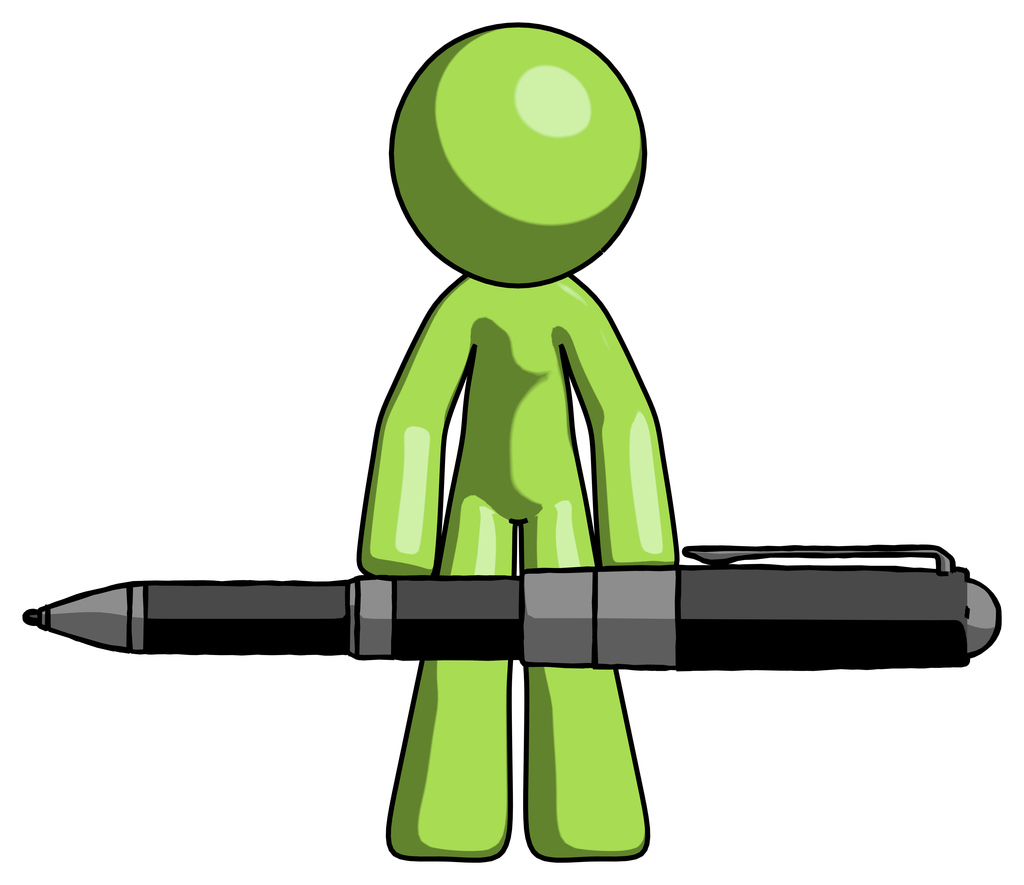 Green Design Mascot Man weightlifting a giant pen
