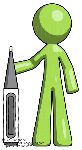 Green Design Mascot Man Standing With Large Thermometer #9847