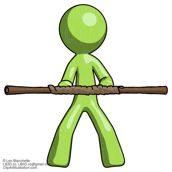 Green Design Mascot Man Bo Staff Kung Fu Defense Pose #9849