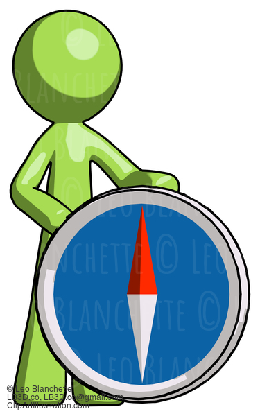 Green Design Mascot Man Standing Beside Large Compass #9853