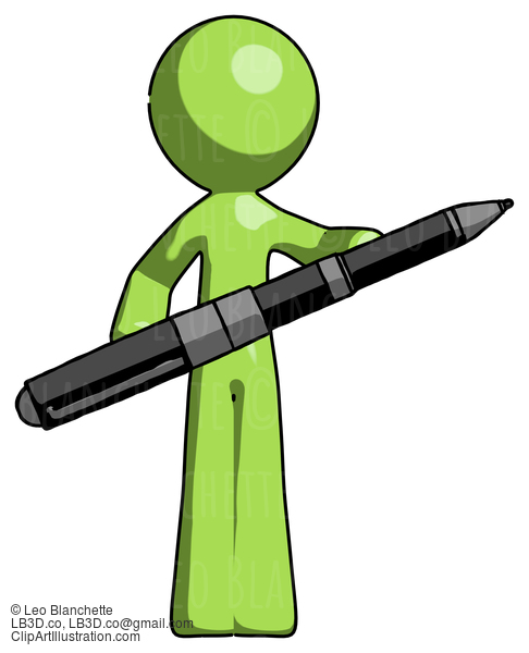 Green Design Mascot Man Posing Confidently With Giant Pen #9854