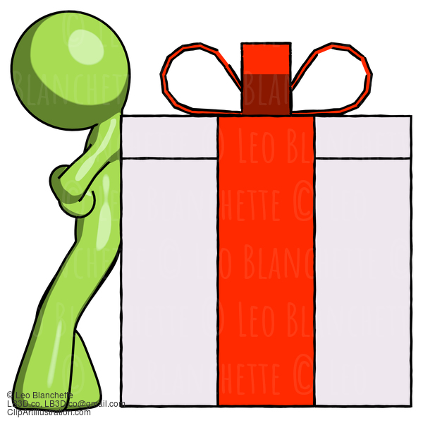 Green Design Mascot Man Gift Concept - Leaning Against Large Present #9855