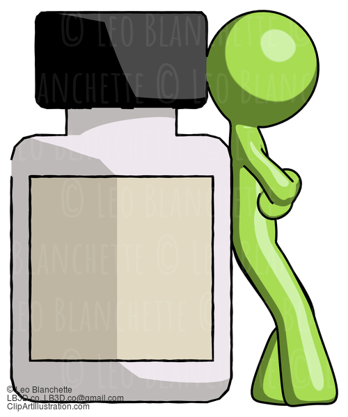 Green Design Mascot Man Leaning Against Large Medicine Bottle #9858