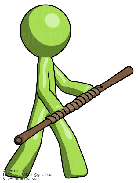 Green Design Mascot Man Holding Bo Staff In Sideways Defense Pose #9861