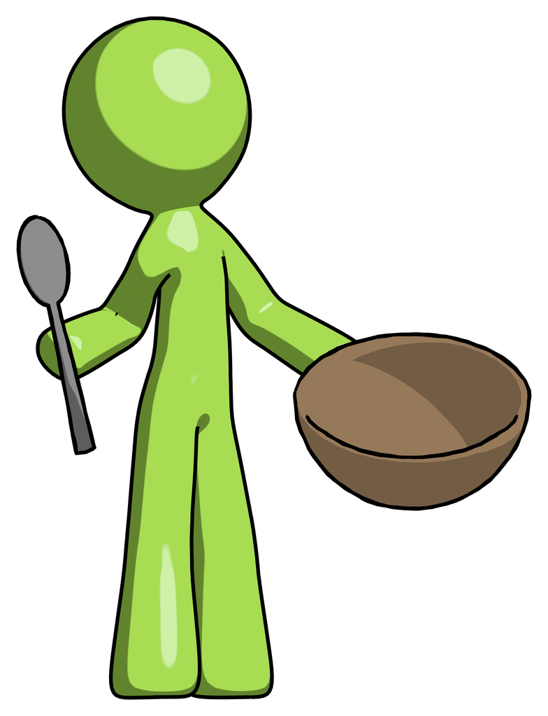 Green Design Mascot Man with empty bowl and spoon ready to make something