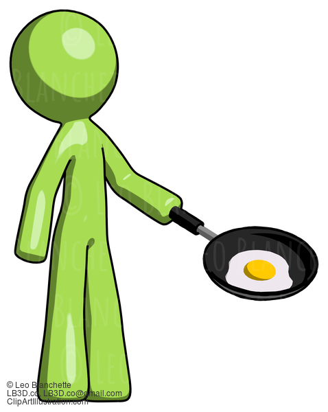 Green Design Mascot Man Frying Egg In Pan Or Wok Facing Right #9868