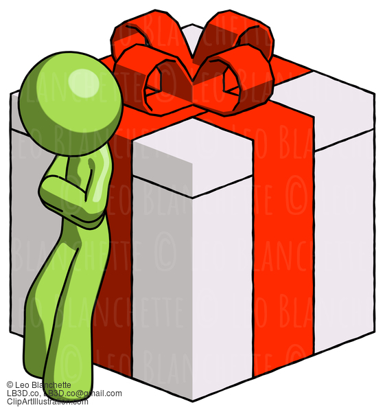 Green Design Mascot Man Leaning On Gift With Red Bow Angle View #9869