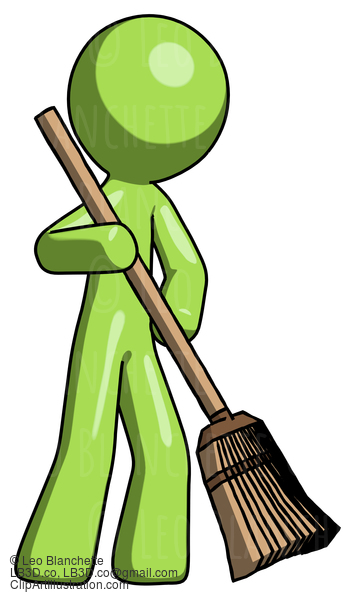 Green Design Mascot Man Sweeping Area With Broom #9870