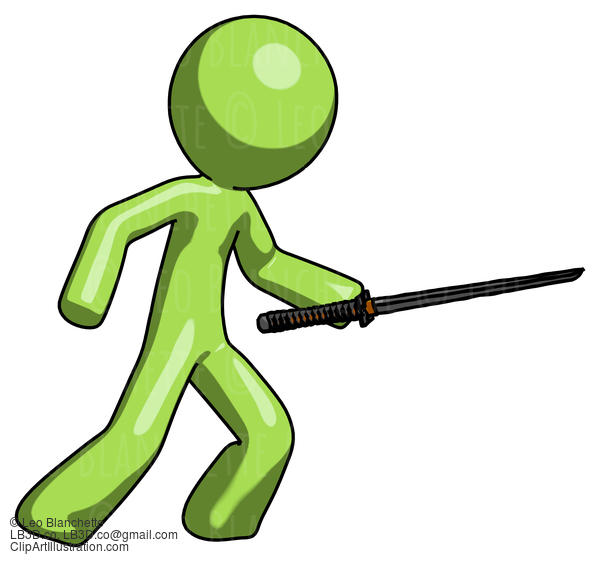 Green Design Mascot Man Stabbing With Ninja Sword Katana #9871