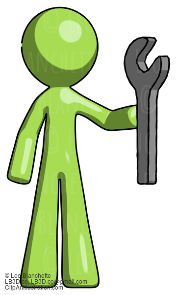 Green Design Mascot Man Holding Wrench Ready To Repair Or Work #9875