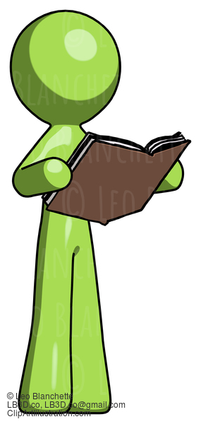 Green Design Mascot Man Reading Book While Standing Up Facing Away #9880