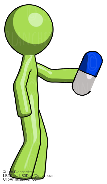 Green Design Mascot Man Holding Blue Pill Walking To Right #9883