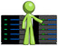 Green Design Mascot Man With Server Racks, In Front Of Two Networked Systems