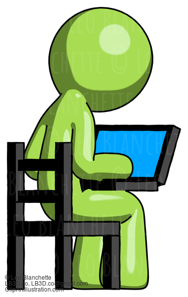 Green Design Mascot Man Using Laptop Computer While Sitting In Chair View From Back #9887