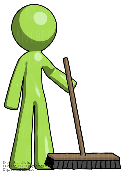 Green Design Mascot Man Standing With Industrial Broom #9888