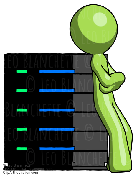 Green Design Mascot Man Resting Against Server Rack Viewed At Angle #9889