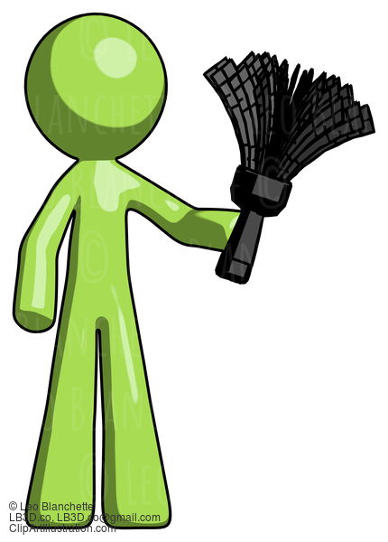 Green Design Mascot Man Holding Feather Duster Facing Forward #9890