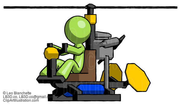 Green Design Mascot Man Flying In Gyrocopter Front Side Angle View #9893