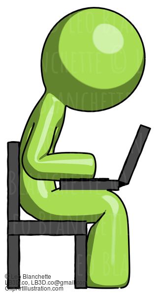 Green Design Mascot Man Using Laptop Computer While Sitting In Chair View From Side #9894