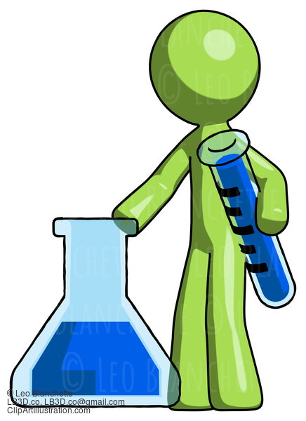 Green Design Mascot Man Holding Test Tube Beside Beaker Or Flask #9896