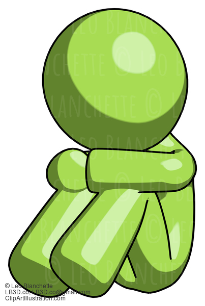 Green Design Mascot Man Sitting With Head Down Facing Angle Left #9897