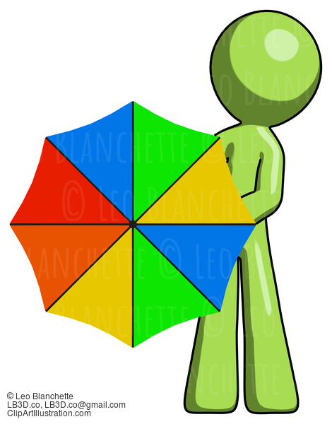 Green Design Mascot Man Holding Rainbow Umbrella Out To Viewer #9899