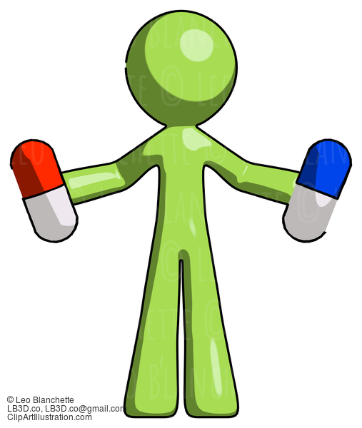 Green Design Mascot Man Holding A Red Pill And Blue Pill #9903