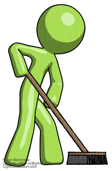 Green Design Mascot Man Cleaning Services Janitor Sweeping Side View #9904