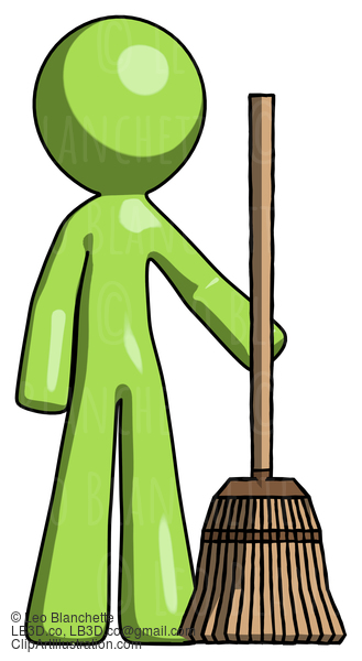 Green Design Mascot Man Standing With Broom Cleaning Services #9907