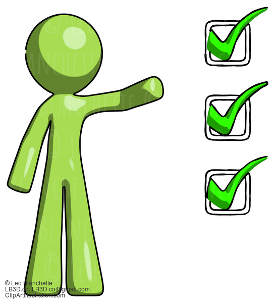 Green Design Mascot Man Standing By List Of Checkmarks #9910